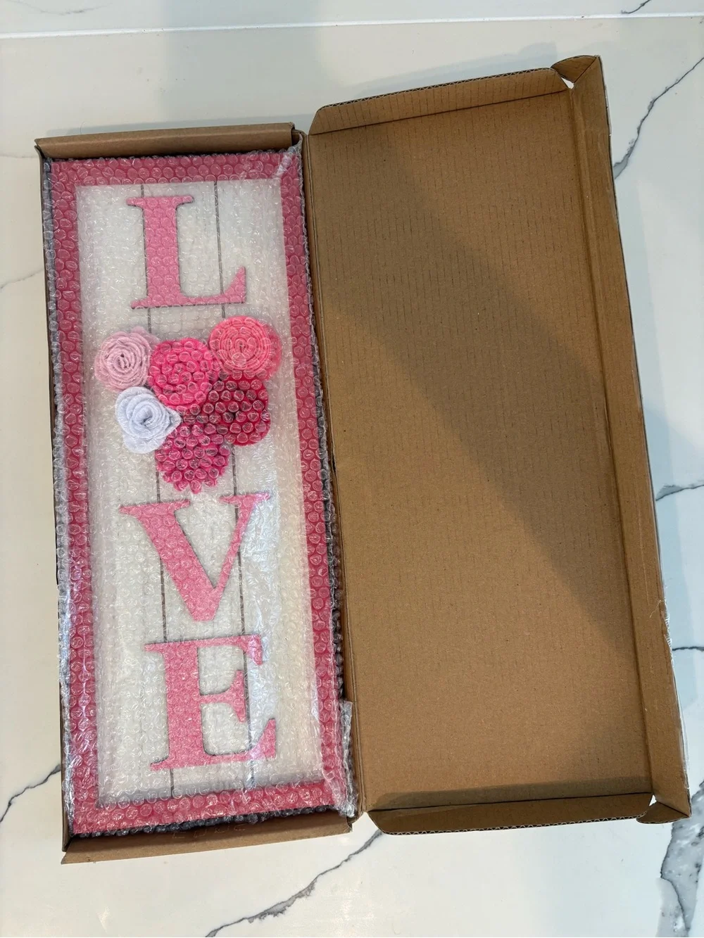 Valentine’s Day wooden “LOVE” hanging wall sign with Cloth Floral Detail
